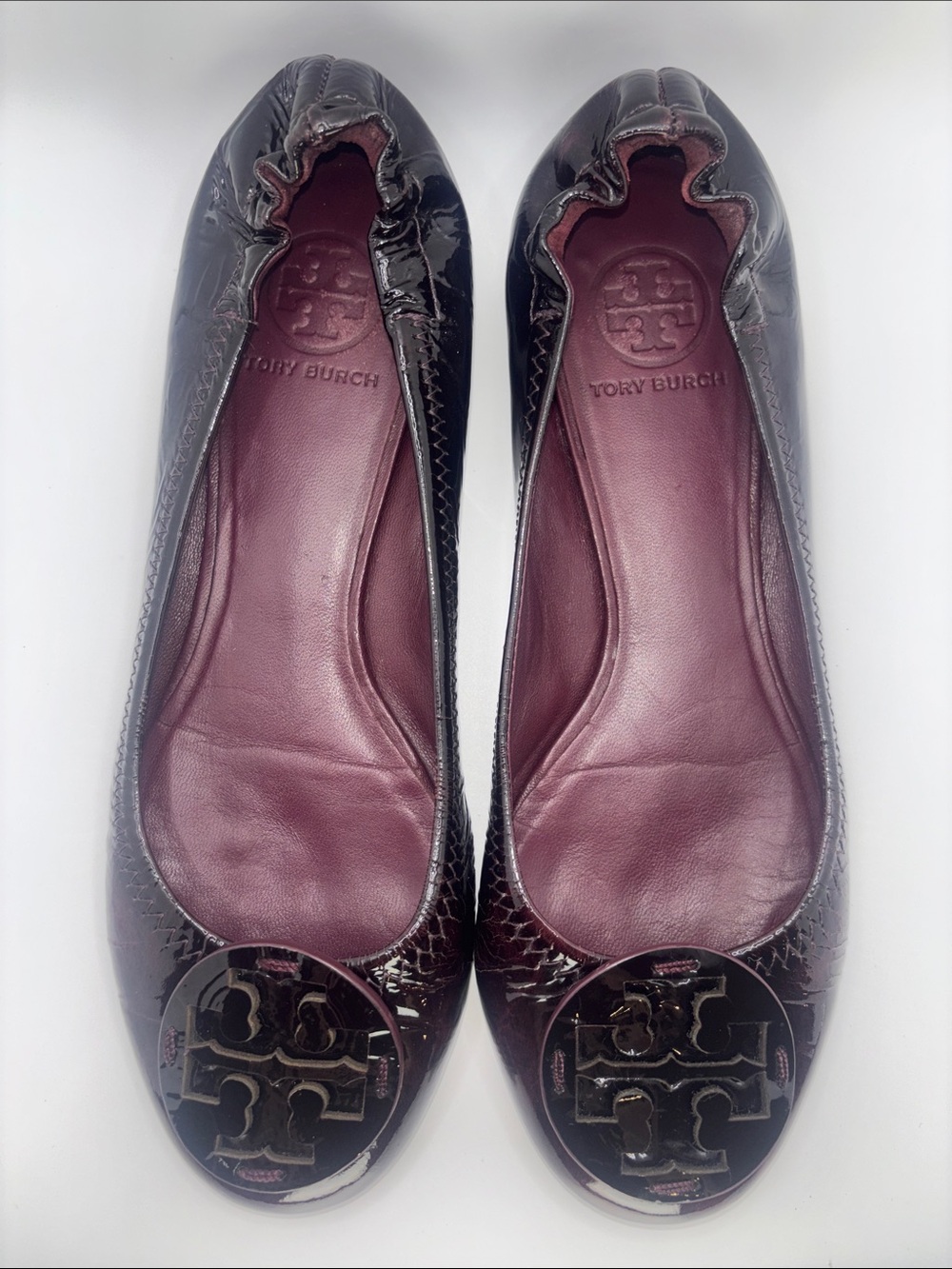 Tory Burch Burgundy Patent Leather Reva-Style Ballet Flats - Picture 2 of 10
